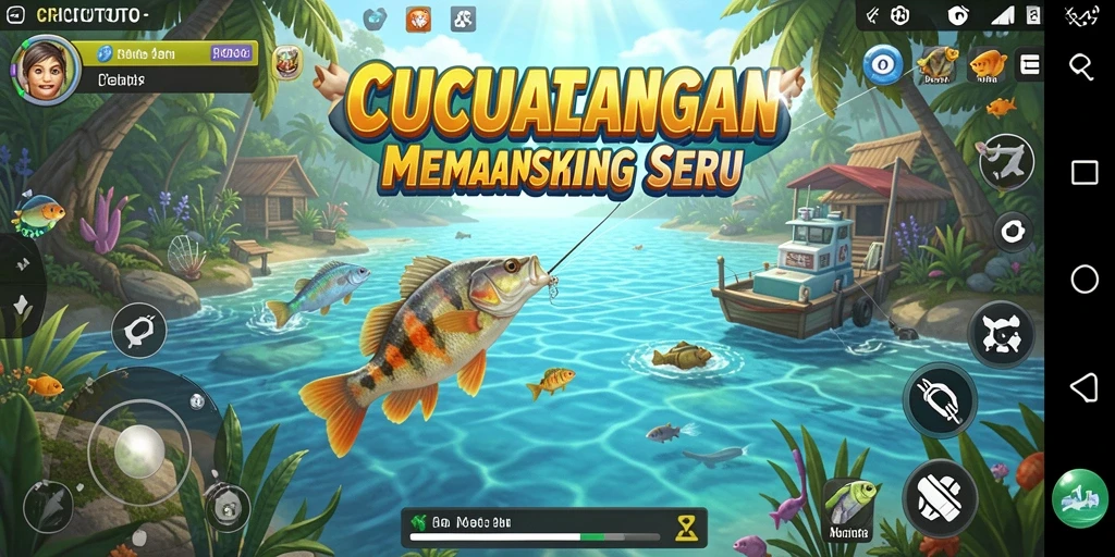 Tampilan gameplay seru dalam CUCUTOTO saat menangkap ikan besar.