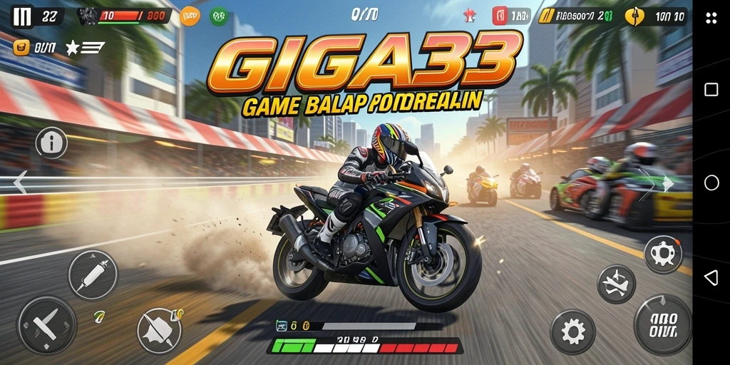 Tampilan gameplay GIGA33 dengan balap motor yang seru dan grafis menawan.