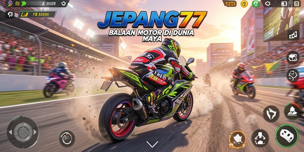 Gameplay JEPANG77 yang menegangkan dengan motor balap di lintasan.