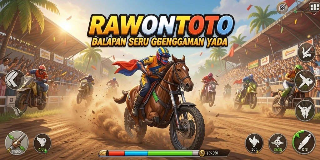 Screenshot gameplay RAWONTOTO yang menampilkan balapan mendebarkan dan kendaraan kustom.